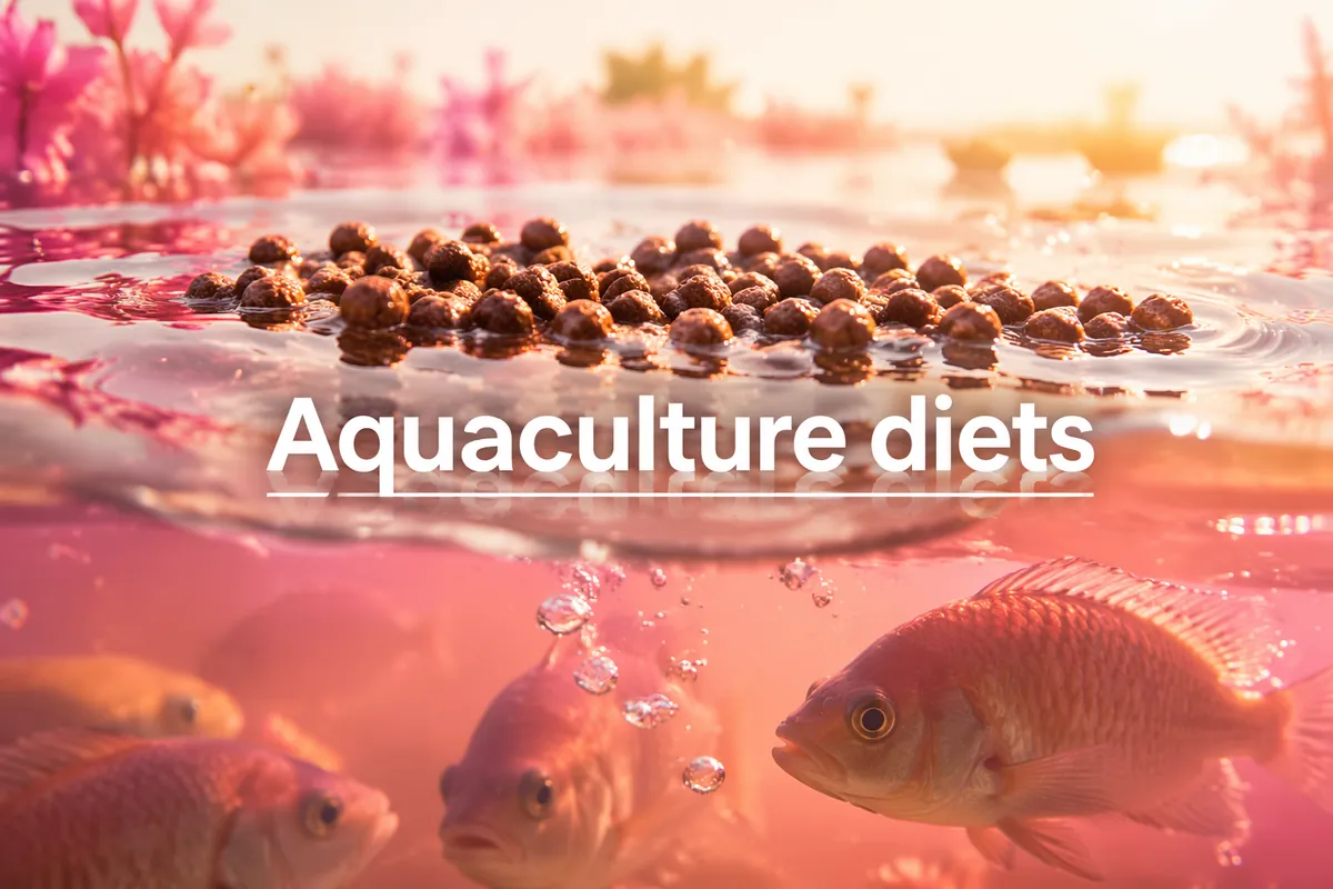 Floating fish feed pellets on the water surface with fish below
