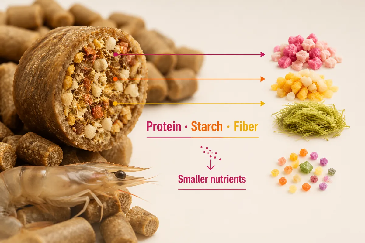Cut shrimp feed pellet next to a shrimp, with arrows from the pellet to its protein, starch and fibre fractions